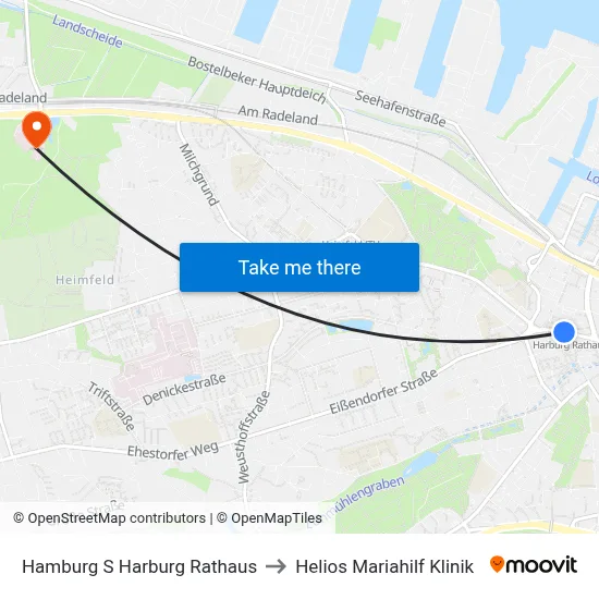 Hamburg S Harburg Rathaus to Helios Mariahilf Klinik map