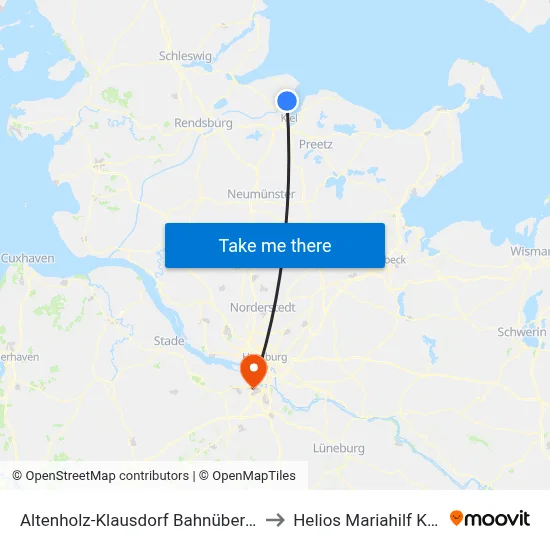 Altenholz-Klausdorf Bahnübergang to Helios Mariahilf Klinik map