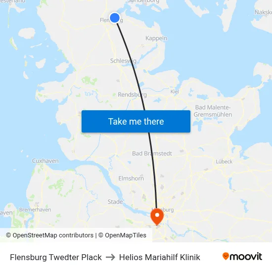 Flensburg Twedter Plack to Helios Mariahilf Klinik map