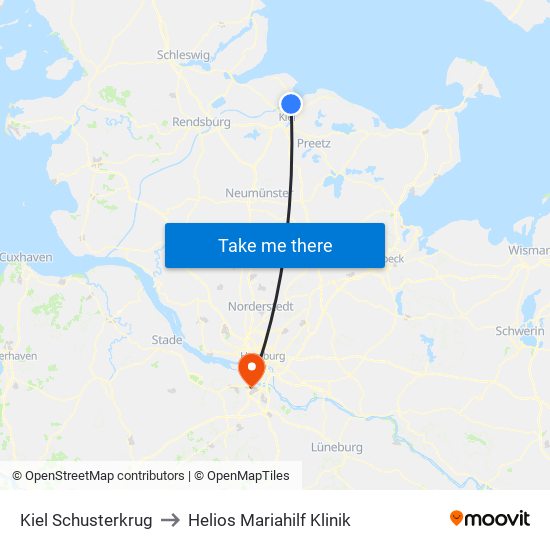 Kiel Schusterkrug to Helios Mariahilf Klinik map