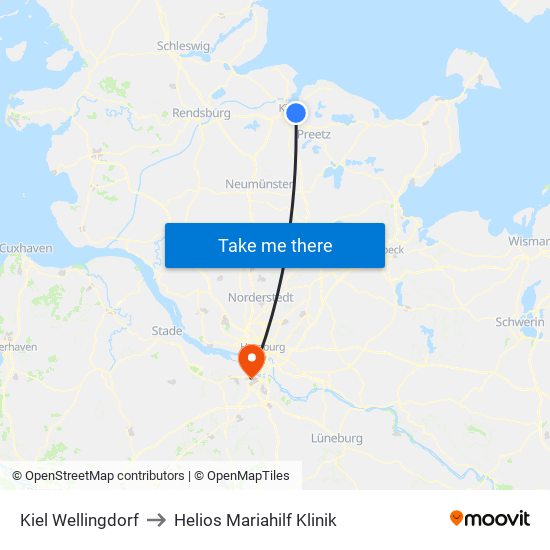 Kiel Wellingdorf to Helios Mariahilf Klinik map