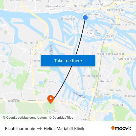 Elbphilharmonie to Helios Mariahilf Klinik map