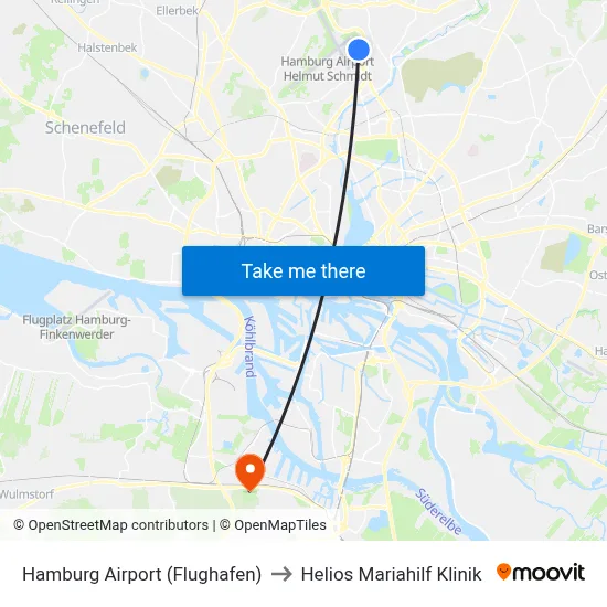Hamburg Airport (Flughafen) to Helios Mariahilf Klinik map