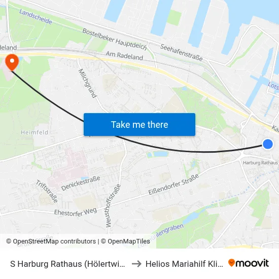 S Harburg Rathaus (Hölertwiete) to Helios Mariahilf Klinik map