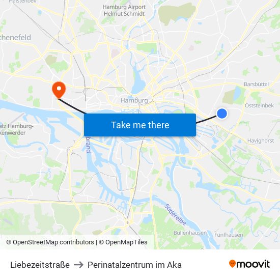 Liebezeitstraße to Perinatalzentrum im Aka map