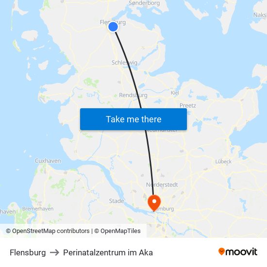 Flensburg to Perinatalzentrum im Aka map