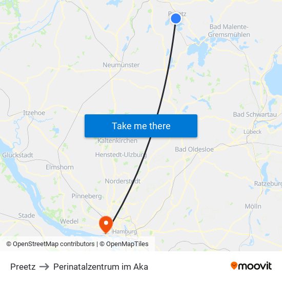 Preetz to Perinatalzentrum im Aka map