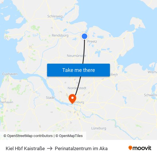 Kiel Hbf Kaistraße to Perinatalzentrum im Aka map