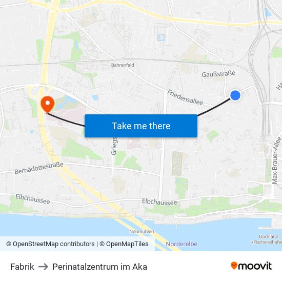 Fabrik to Perinatalzentrum im Aka map
