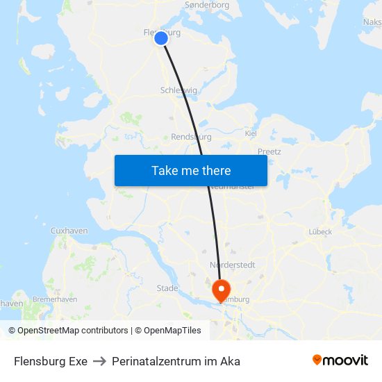 Flensburg Exe to Perinatalzentrum im Aka map