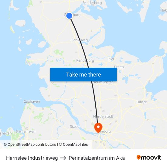 Harrislee Industrieweg to Perinatalzentrum im Aka map