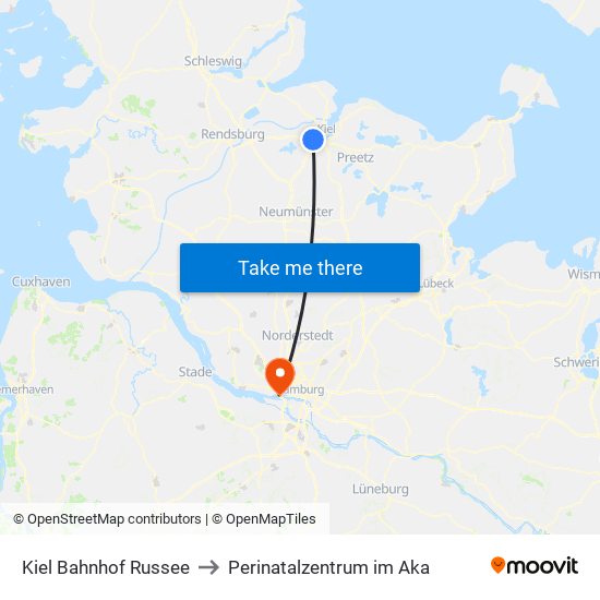 Kiel Bahnhof Russee to Perinatalzentrum im Aka map