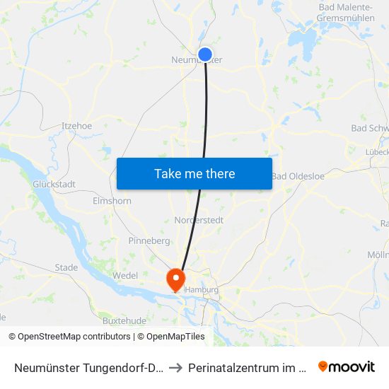 Neumünster Tungendorf-Dorf to Perinatalzentrum im Aka map