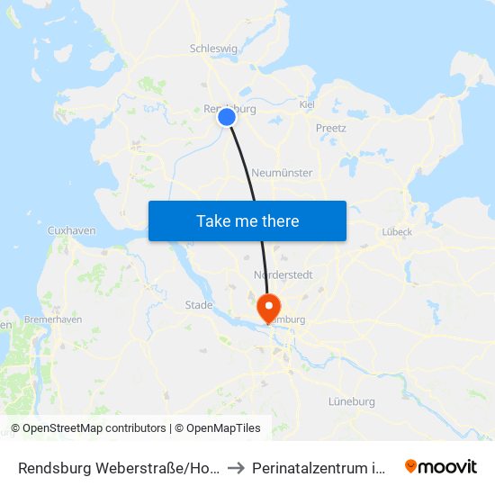 Rendsburg Weberstraße/Hoheluft to Perinatalzentrum im Aka map