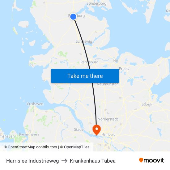 Harrislee Industrieweg to Krankenhaus Tabea map