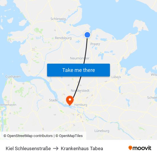 Kiel Schleusenstraße to Krankenhaus Tabea map