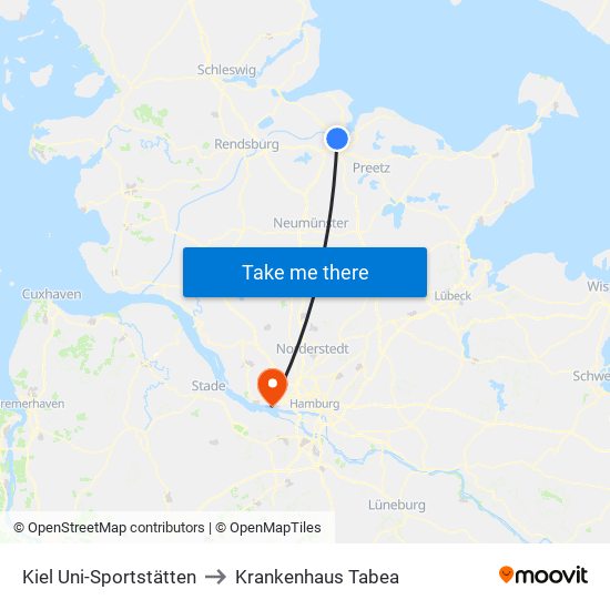 Kiel Uni-Sportstätten to Krankenhaus Tabea map