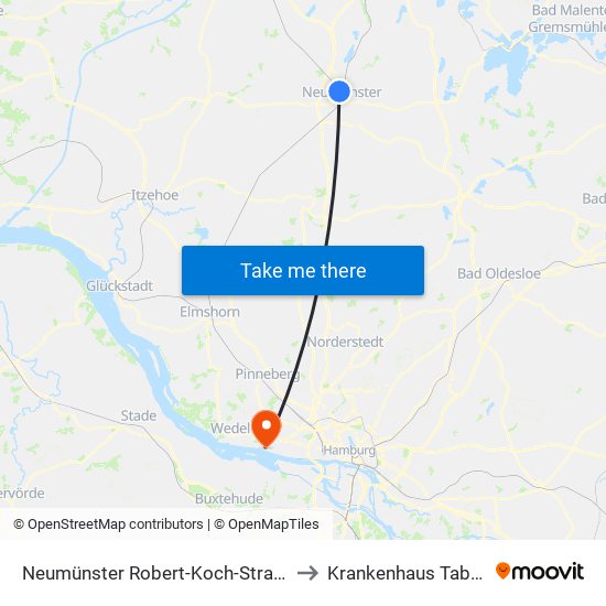 Neumünster Robert-Koch-Straße to Krankenhaus Tabea map