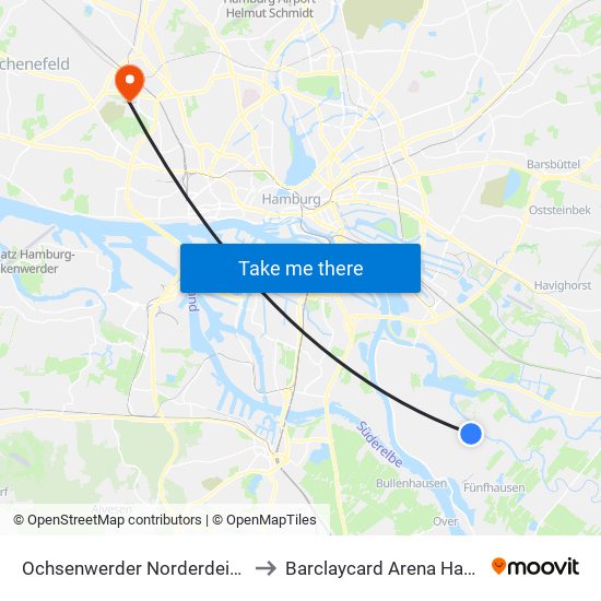 Ochsenwerder Norderdeich 220 to Barclaycard Arena Hamburg map