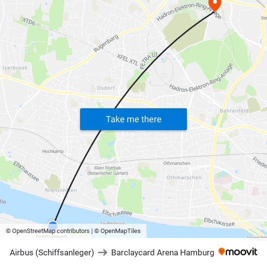 Airbus (Schiffsanleger) to Barclaycard Arena Hamburg map