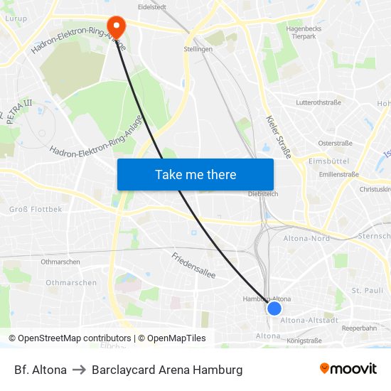 Bf. Altona to Barclaycard Arena Hamburg map