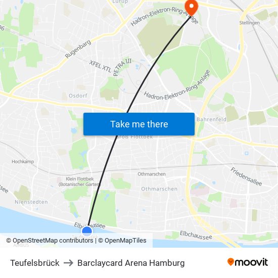 Teufelsbrück to Barclaycard Arena Hamburg map