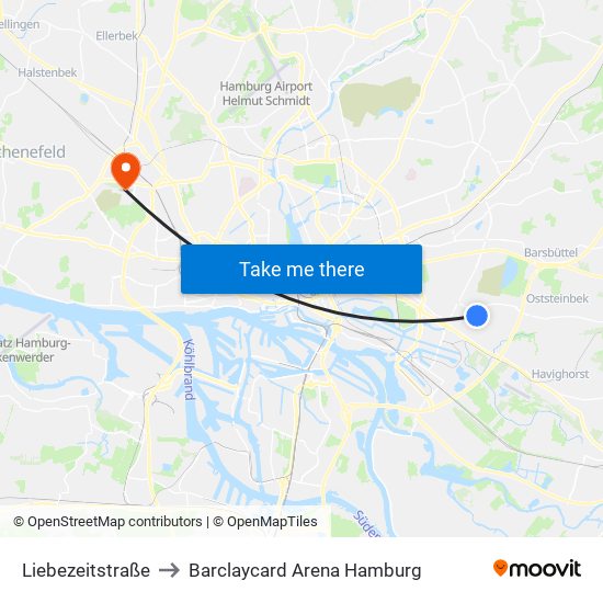 Liebezeitstraße to Barclaycard Arena Hamburg map