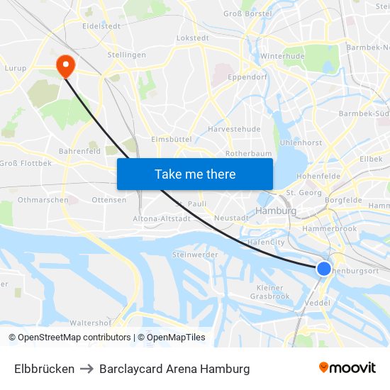 Elbbrücken to Barclaycard Arena Hamburg map