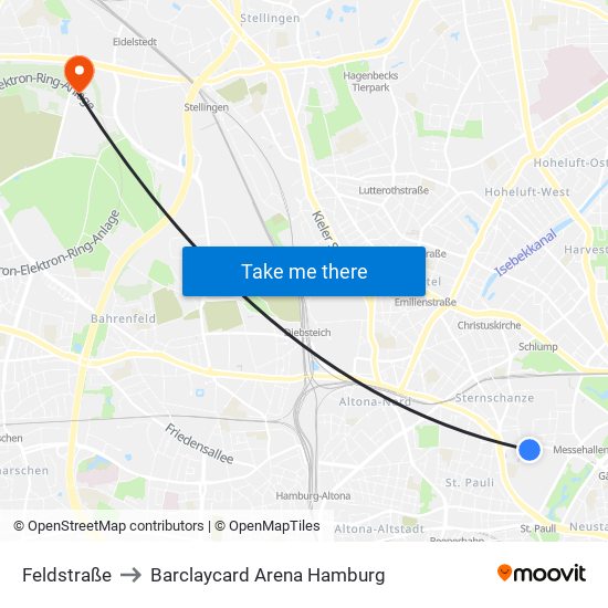 Feldstraße to Barclaycard Arena Hamburg map