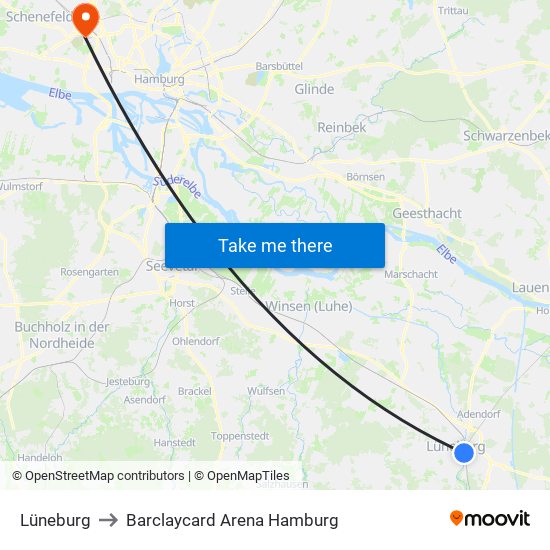 Lüneburg to Barclaycard Arena Hamburg map