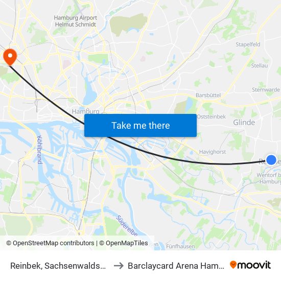 Reinbek, Sachsenwaldschule to Barclaycard Arena Hamburg map