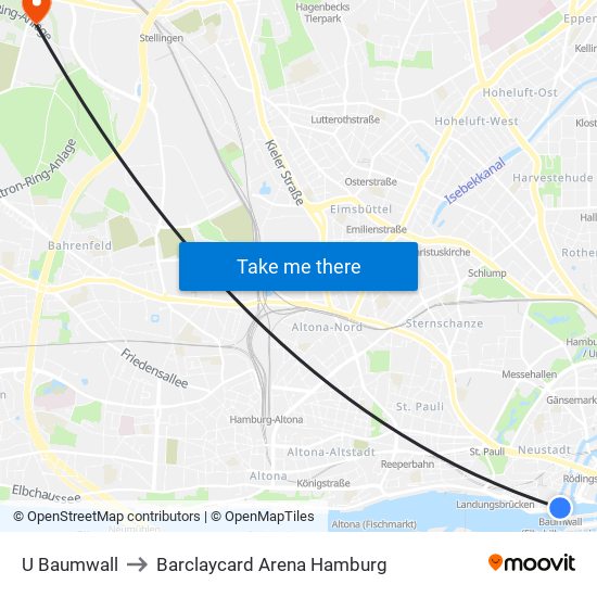 U Baumwall to Barclaycard Arena Hamburg map