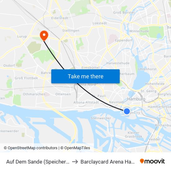 Auf Dem Sande (Speicherstadt) to Barclaycard Arena Hamburg map