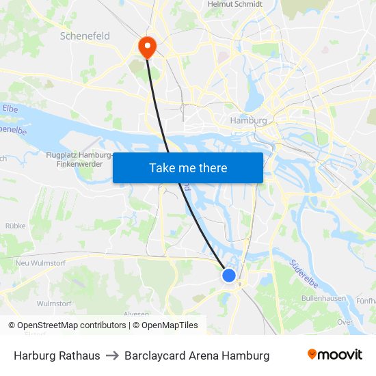 Harburg Rathaus to Barclaycard Arena Hamburg map