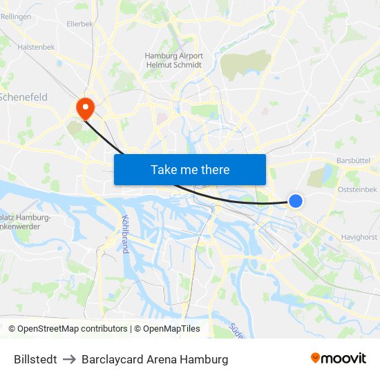 Billstedt to Barclaycard Arena Hamburg map
