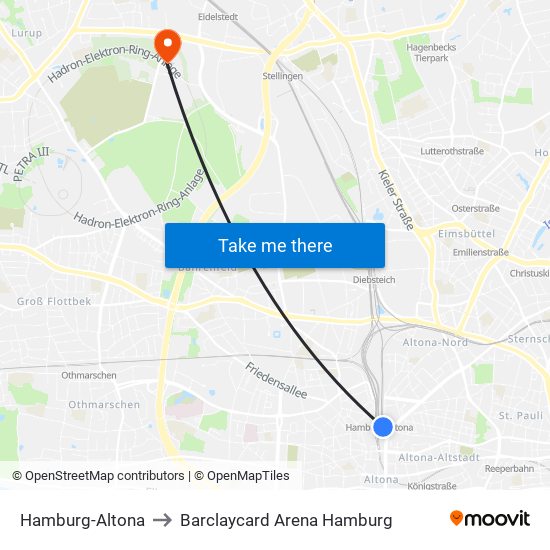 Hamburg-Altona to Barclaycard Arena Hamburg map
