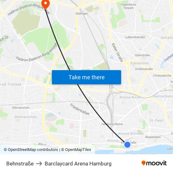 Behnstraße to Barclaycard Arena Hamburg map