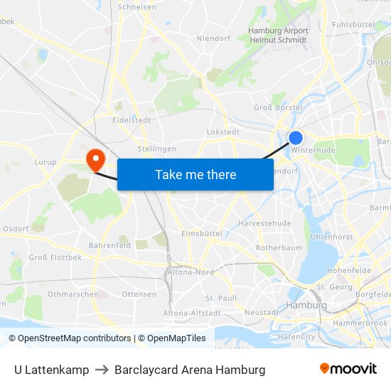 U Lattenkamp to Barclaycard Arena Hamburg map