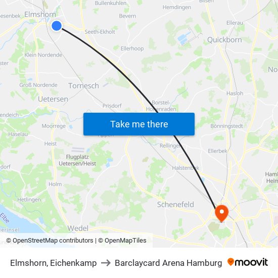 Elmshorn, Eichenkamp to Barclaycard Arena Hamburg map