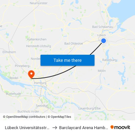 Lübeck Universitätsstraße to Barclaycard Arena Hamburg map