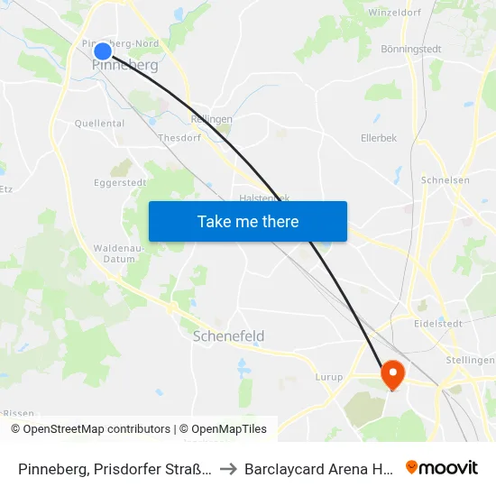Pinneberg, Prisdorfer Straße (Mitte) to Barclaycard Arena Hamburg map