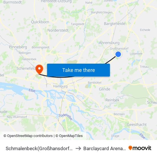 Schmalenbeck(Großhansdorf) Schulzentrum to Barclaycard Arena Hamburg map