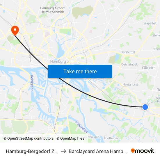 Hamburg-Bergedorf Zob to Barclaycard Arena Hamburg map