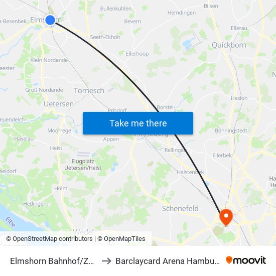Elmshorn Bahnhof/Zob to Barclaycard Arena Hamburg map