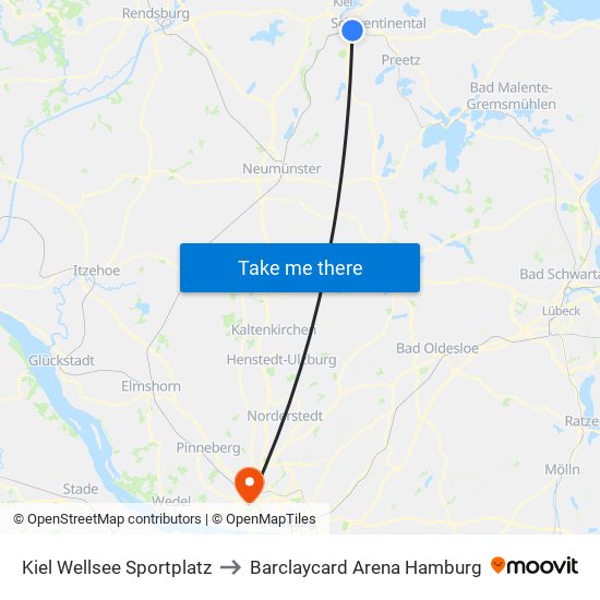 Kiel Wellsee Sportplatz to Barclaycard Arena Hamburg map