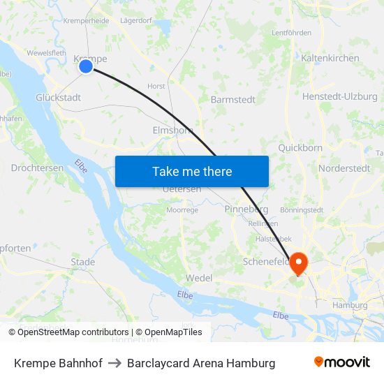 Krempe Bahnhof to Barclaycard Arena Hamburg map