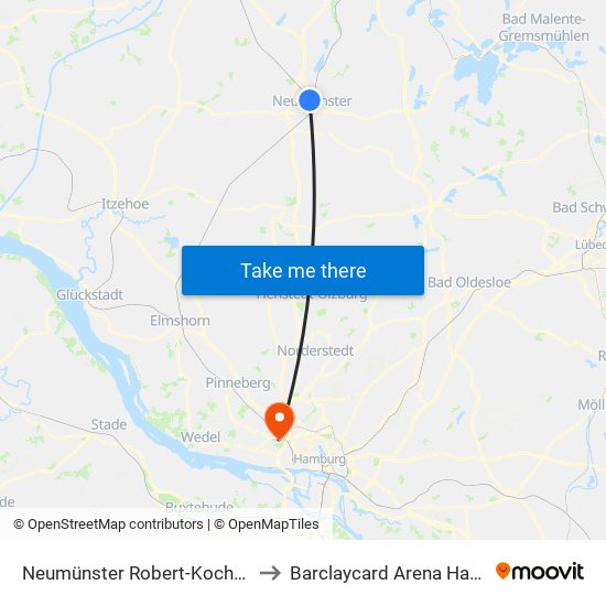 Neumünster Robert-Koch-Straße to Barclaycard Arena Hamburg map