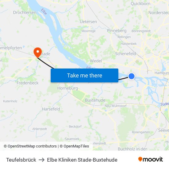 Teufelsbrück to Elbe Kliniken Stade-Buxtehude map