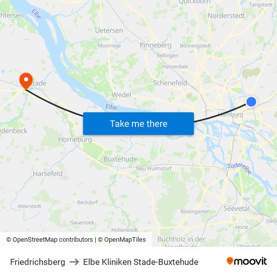 Friedrichsberg to Elbe Kliniken Stade-Buxtehude map