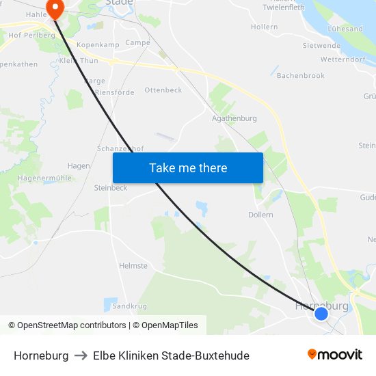 Horneburg to Elbe Kliniken Stade-Buxtehude map